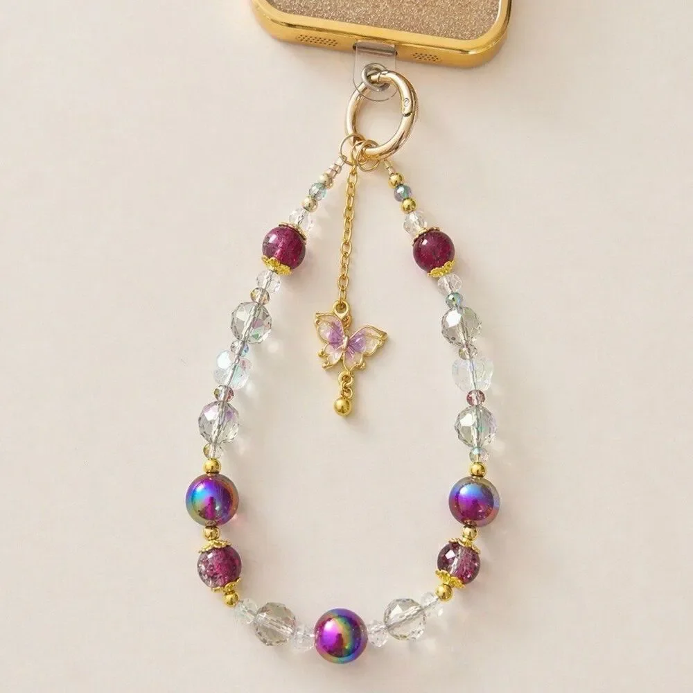 Beaded Phone Wrist Strap Purple Crystal Butterfly Charm Cute Wristlet
